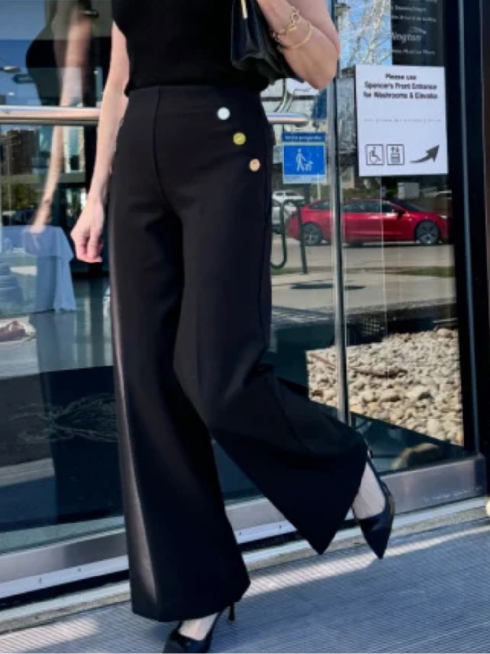 SPANX Black Wide Leg Knit Pants with Gold Button Accents